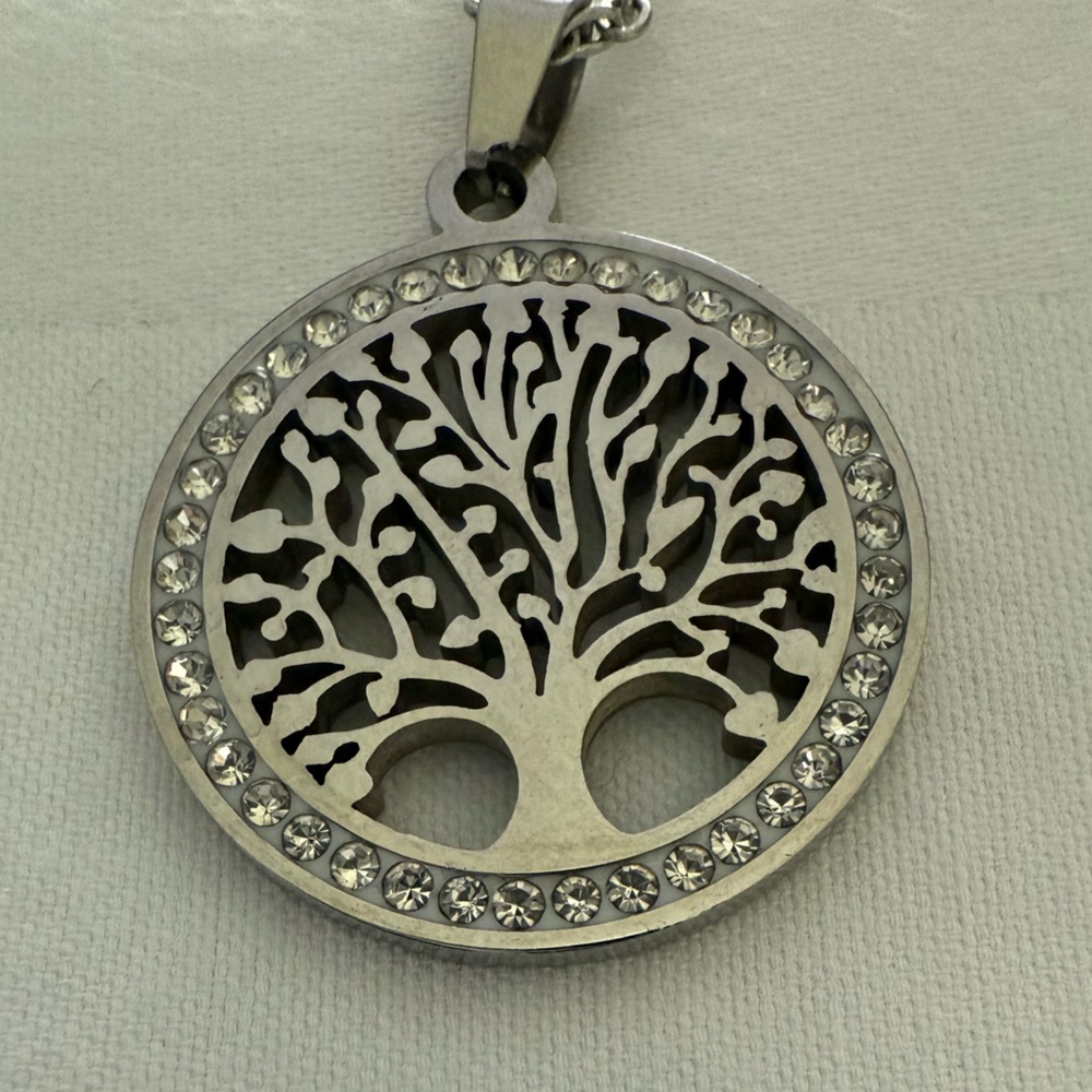 Silver Tree of Life Pendant Necklace with Clear Crystals